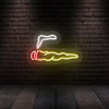 Neon cigar wall sign with white outline, red accents, and yellow smoke glow