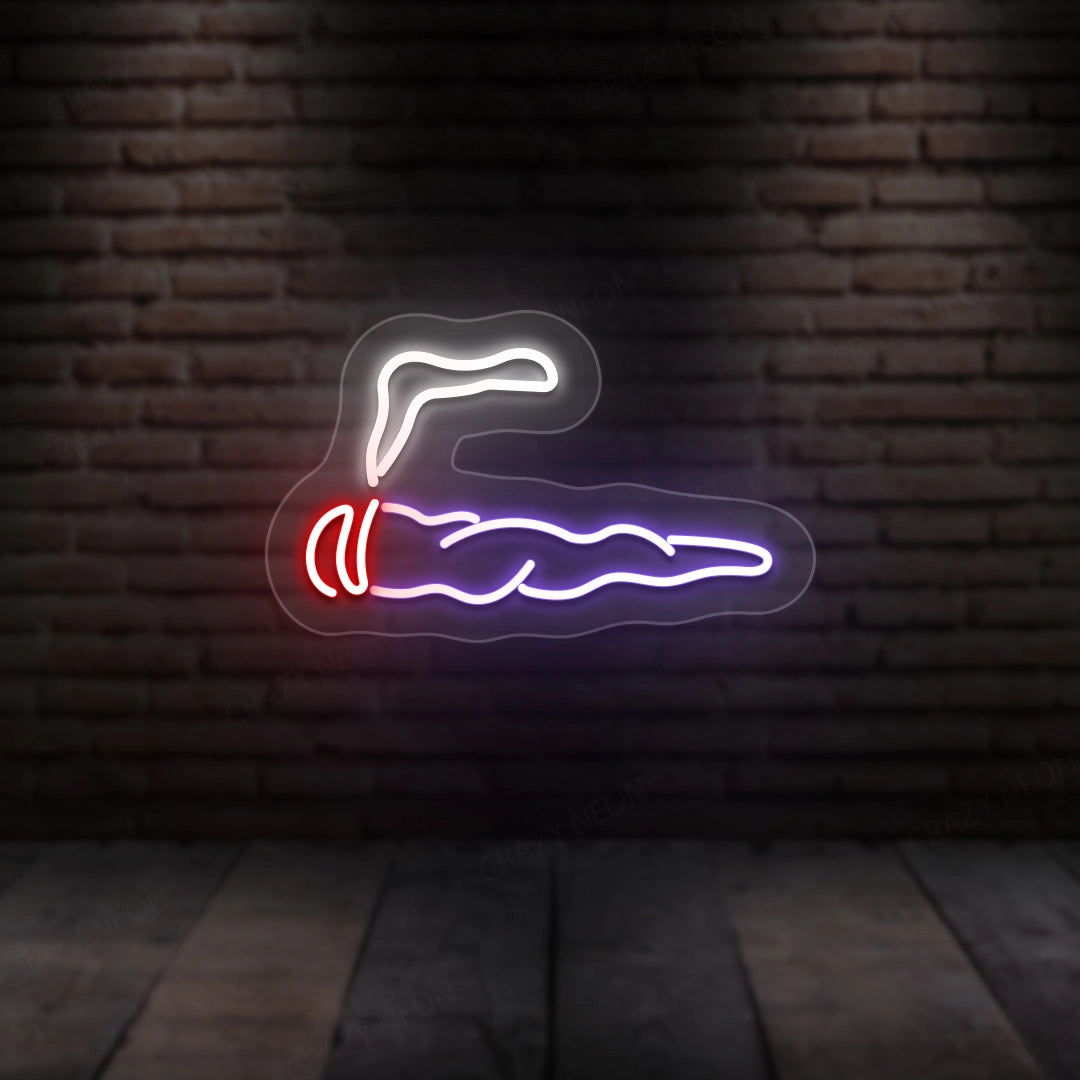 Neon cigar wall sign with white outline, red accents, and purple smoke glow