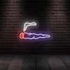 Neon cigar wall sign with white outline, red accents, and purple smoke glow
