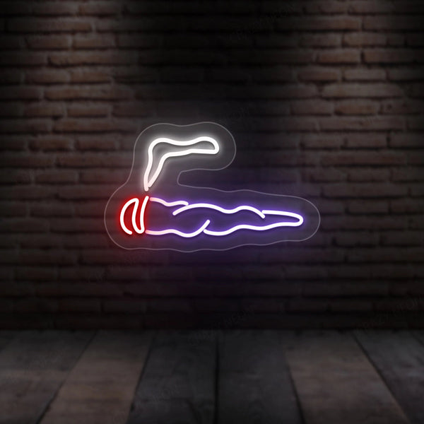 Neon cigar wall sign with white outline, red accents, and purple smoke glow
