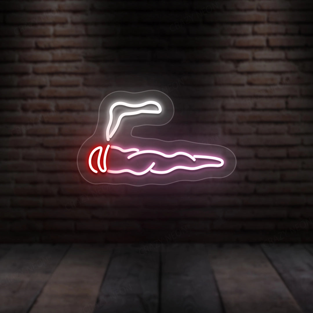 Neon cigar wall sign with white outline, red accents, and pink smoke glow
