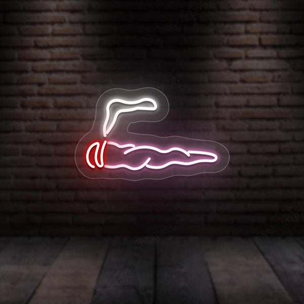Neon cigar wall sign with white outline, red accents, and pink smoke glow
