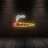 Neon cigar wall sign with white outline, red accents, and orange smoke glow