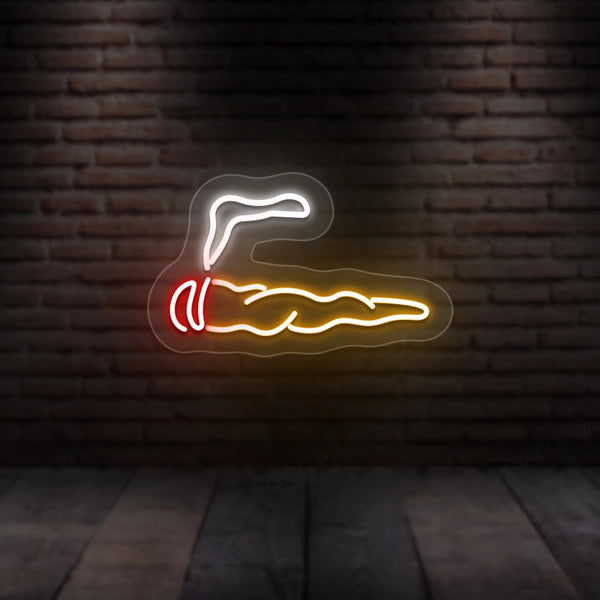 Neon cigar wall sign with white outline, red accents, and orange smoke glow