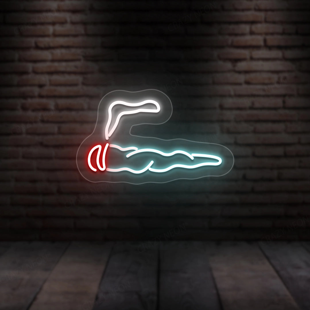 Neon cigar wall sign with white outline, red accents, and iceblue smoke glow