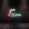 Neon cigar wall sign with white outline, red accents, and iceblue smoke glow