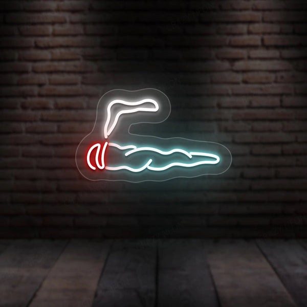 Neon cigar wall sign with white outline, red accents, and iceblue smoke glow