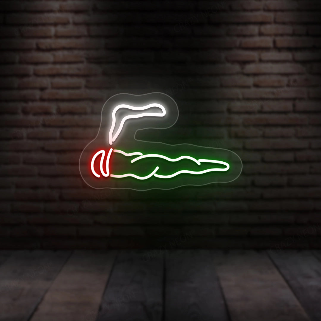Neon cigar wall sign with white outline, red accents, and green smoke glow