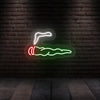 Neon cigar wall sign with white outline, red accents, and green smoke glow