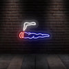 Neon cigar wall sign with white outline, red accents, and blue smoke glow