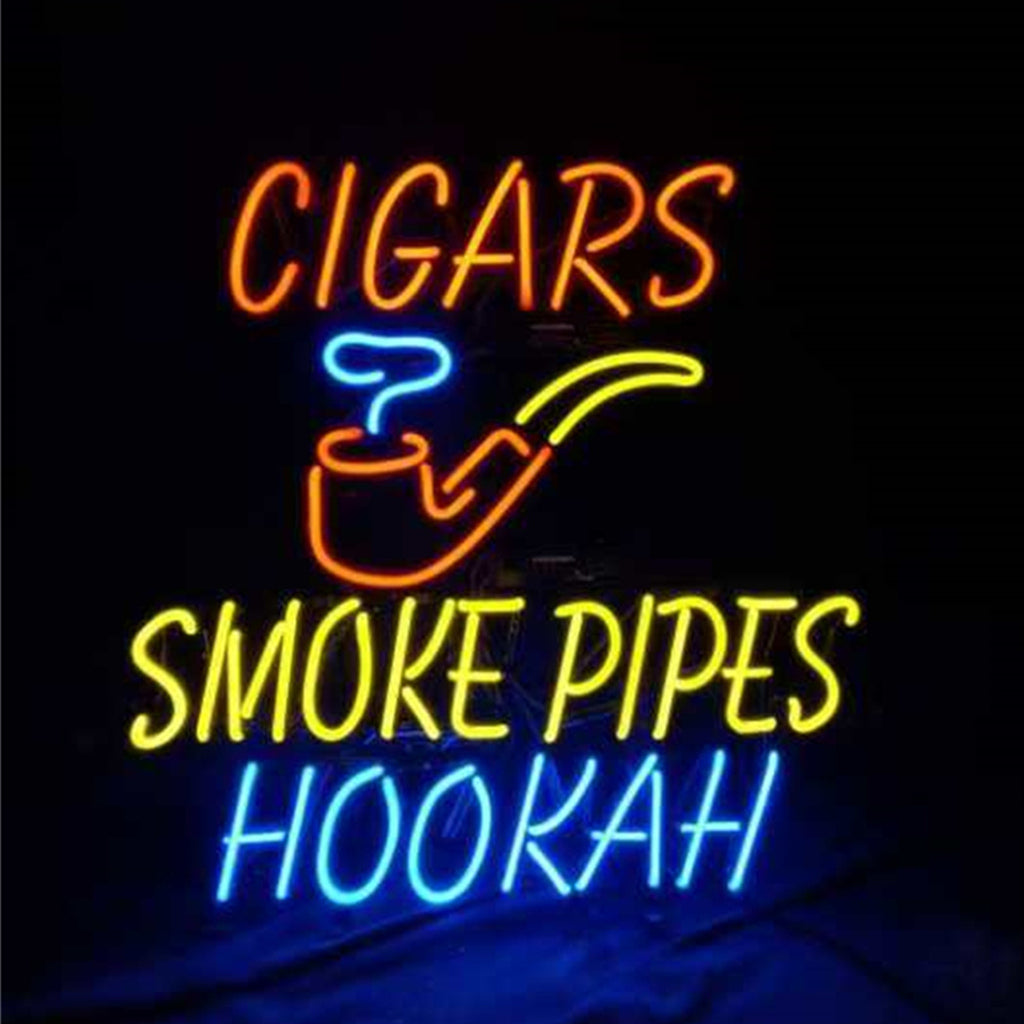 Neon wall sign with CIGARS and HOORAH! text in orange, blue, and yellow