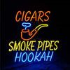 Neon wall sign with CIGARS and HOORAH! text in orange, blue, and yellow