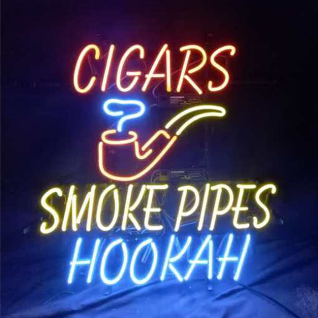 Neon wall sign with CIGARS, smoke pipes, and HOORAH! text in pink, blue, and yellow