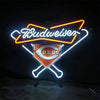 Budweiser Reds neon sign light with helmet logo and cross bat shape, on black stand