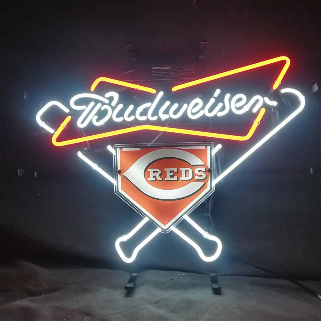 Budweiser Reds neon sign light with helmet logo, yellow and blue outlines, on stand