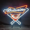 Budweiser Reds neon sign light with helmet logo, yellow and blue outlines, on stand
