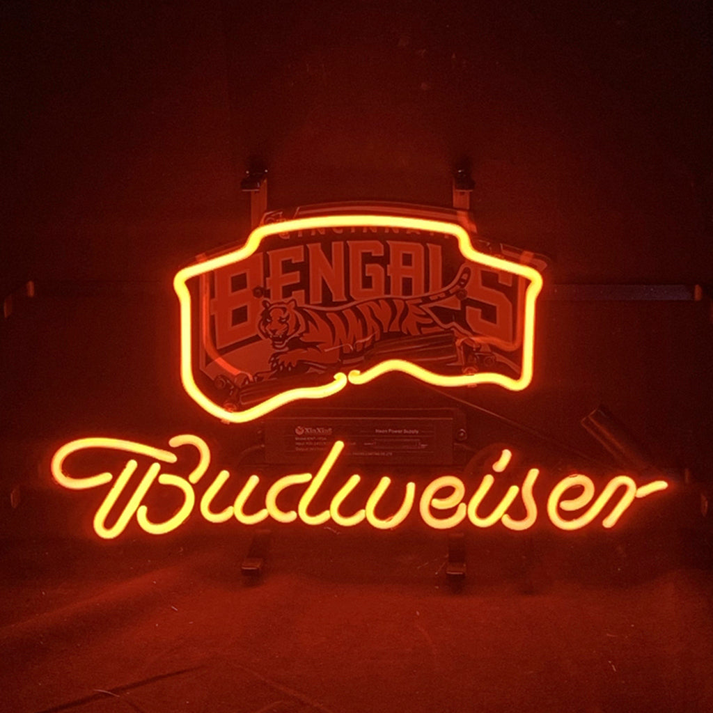 Bengals logo panel neon sign with Budweiser script, orange-yellow glow