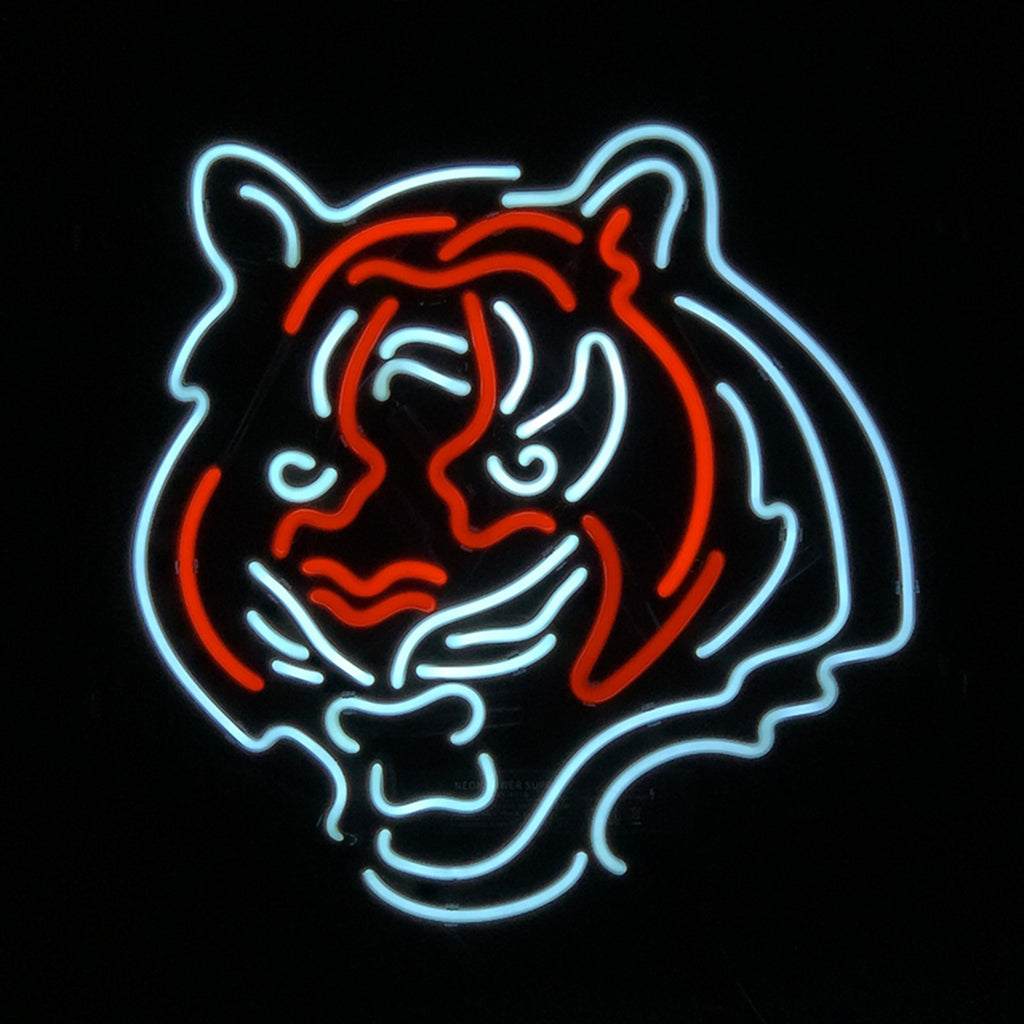 Neon sign featuring Bengals tiger head, white glow outline with orange stripes