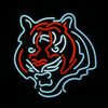 Neon sign featuring Bengals tiger head, white glow outline with orange stripes