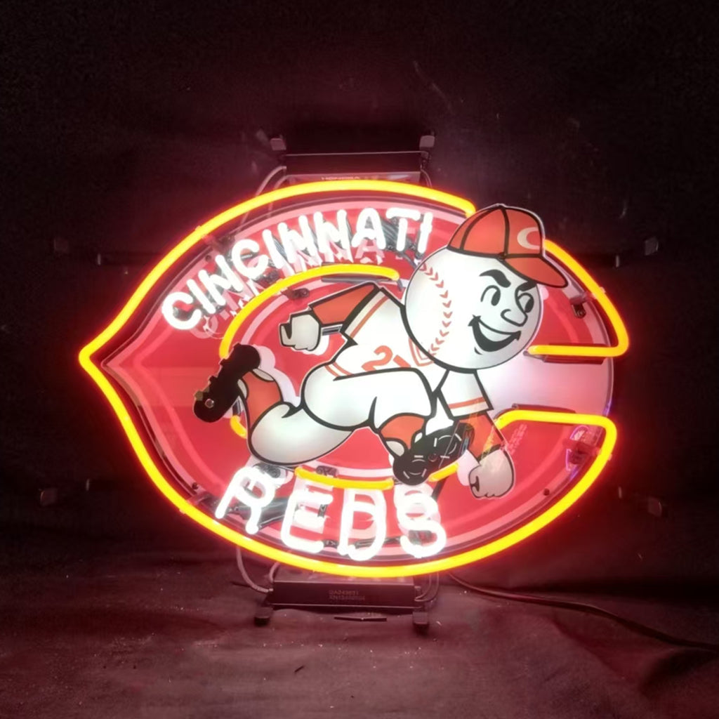 Cincinnati Reds neon sign with baseball player mascot and glowing circular red outline