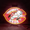 Cincinnati Reds neon sign with baseball player mascot and glowing circular red outline