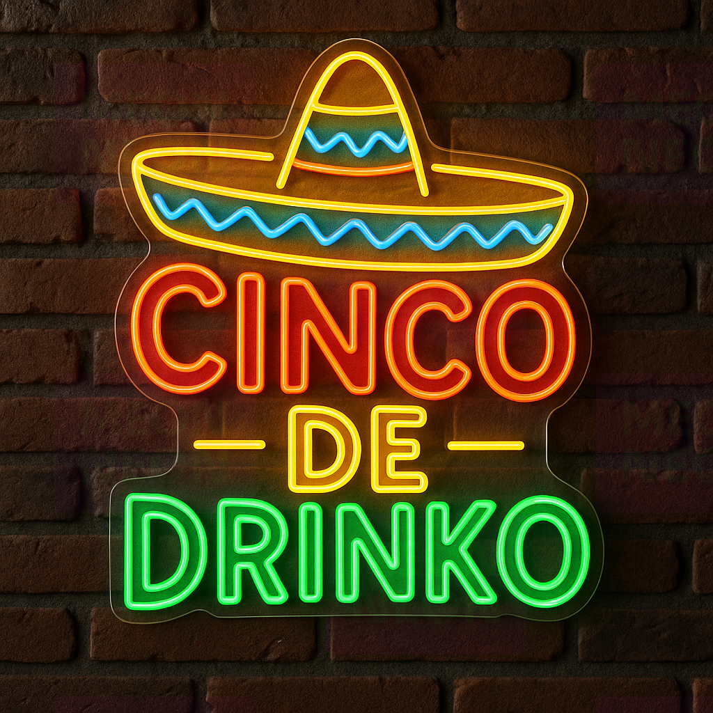Cinco de Drinko LED neon sign with yellow hat, blue waves, red and green text