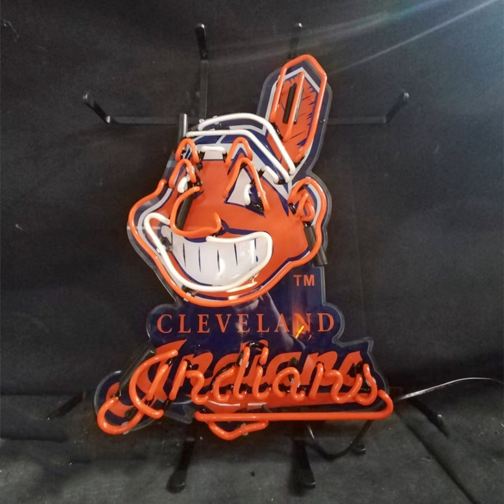Cleveland Indians neon sign on metal stand, orange and blue hand with script