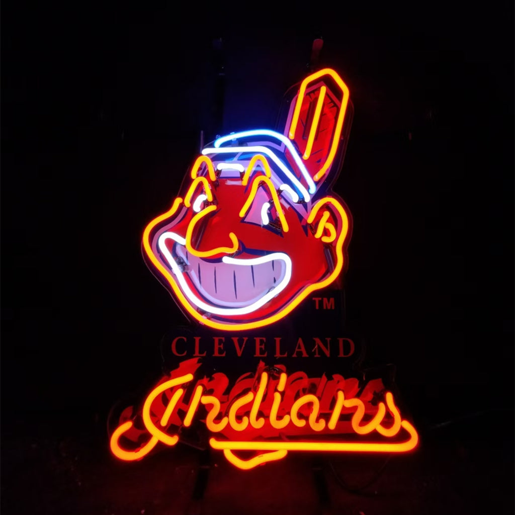 Cleveland Indians neon sign showing waving hand, “Cleveland” and “Indians”