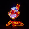 Cleveland Indians neon sign showing waving hand, “Cleveland” and “Indians”