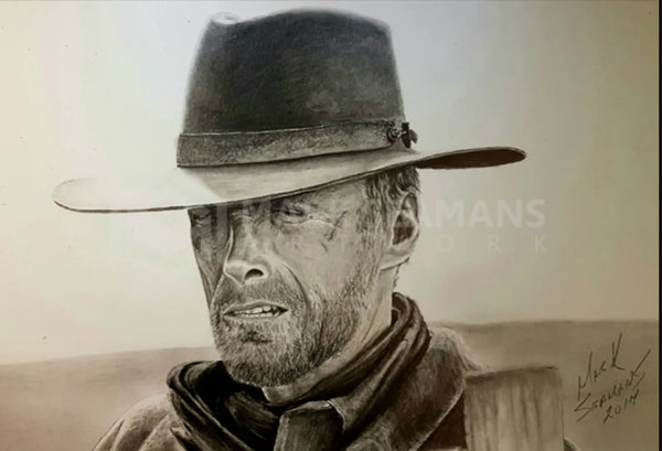 Clint Eastwood Charcoal Portrait – Gallery Wrapped Canvas For the Man Cave Mark Seamans Art
