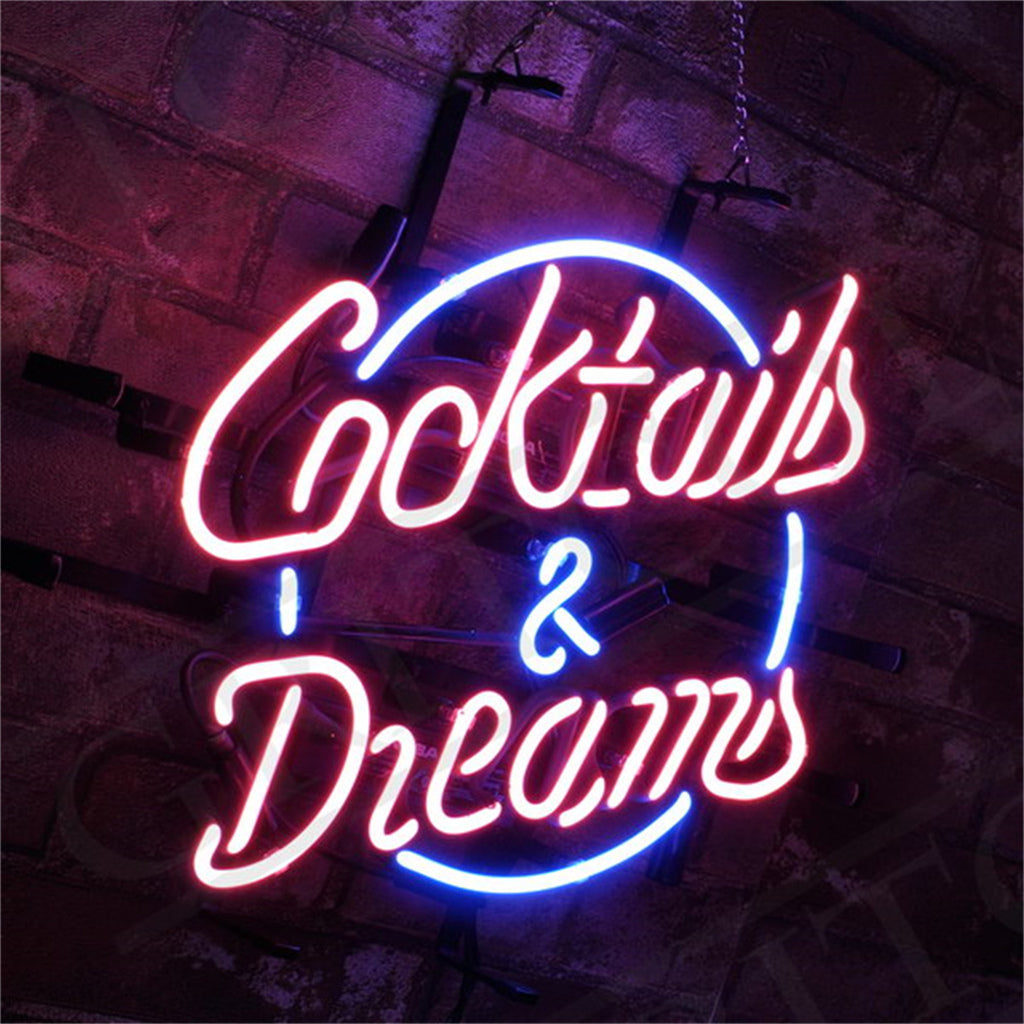 Neon cocktail and dreams sign in blue and pink cursive with red highlights