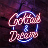Neon cocktail and dreams sign in blue and pink cursive with red highlights