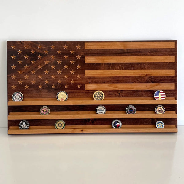American Flag Challenge Coin Display - Handcrafted Wood