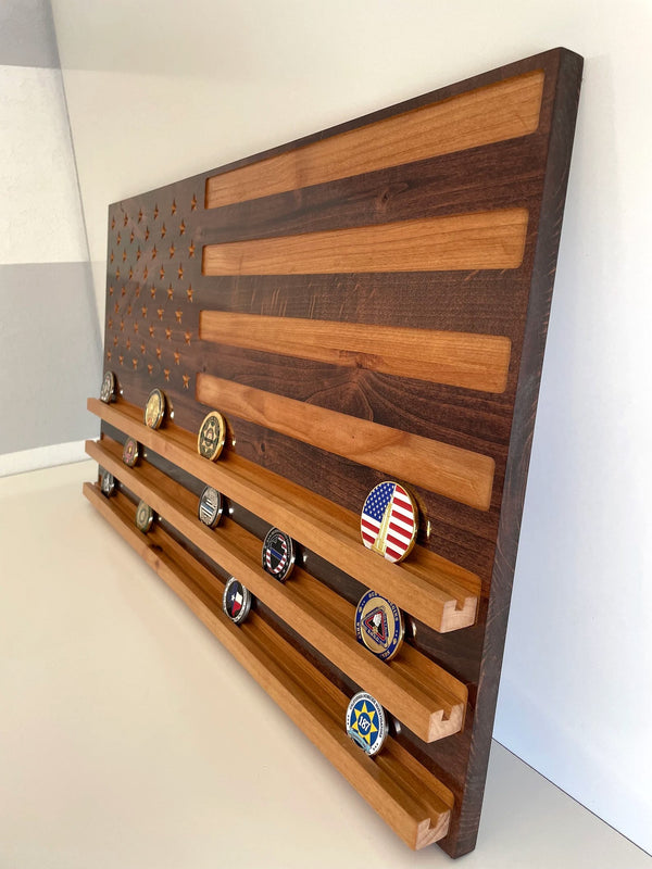 American Flag Challenge Coin Display - Handcrafted Wood