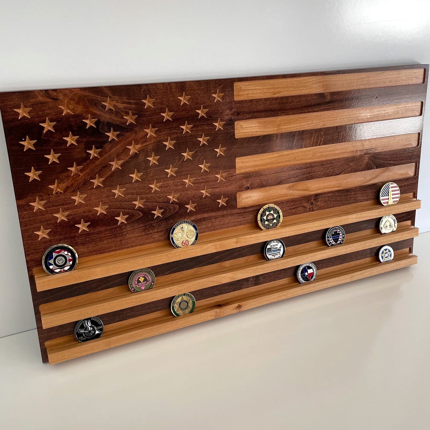 American Flag Challenge Coin Display - Handcrafted Wood For the Man Cave McCurdy Woodworking