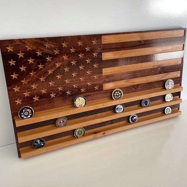 American Flag Challenge Coin Display - Handcrafted Wood