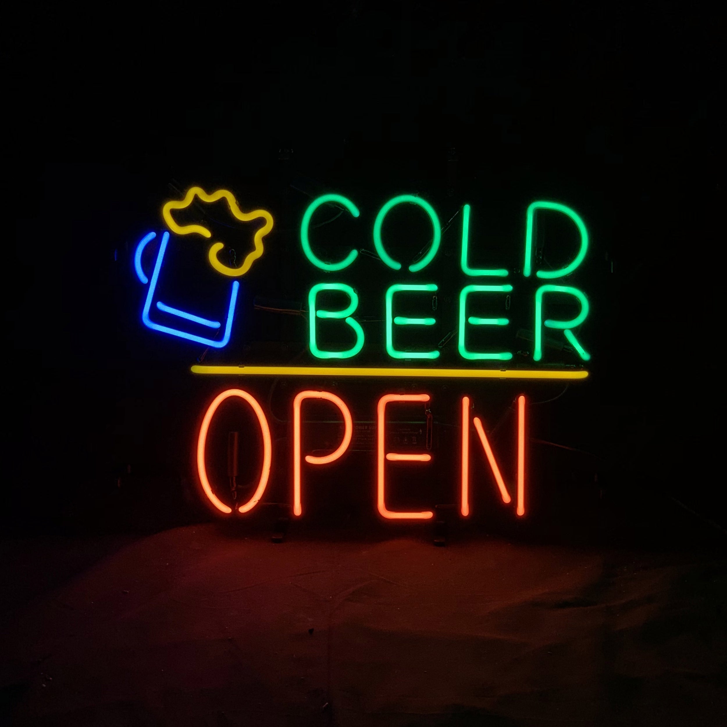 Neon Cold Beer Open sign with blue mug and multicolor letters