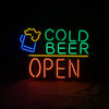 Neon Cold Beer Open sign with blue mug and multicolor letters