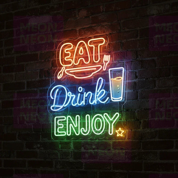 Colorful LED neon sign with bright “Eat” “Drink” and “Enjoy” text