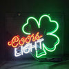 Neon clover light sign with green outline and red script, blue and white lettering