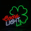 Neon clover sign with glowing green four-leaf outline and red, blue, white text
