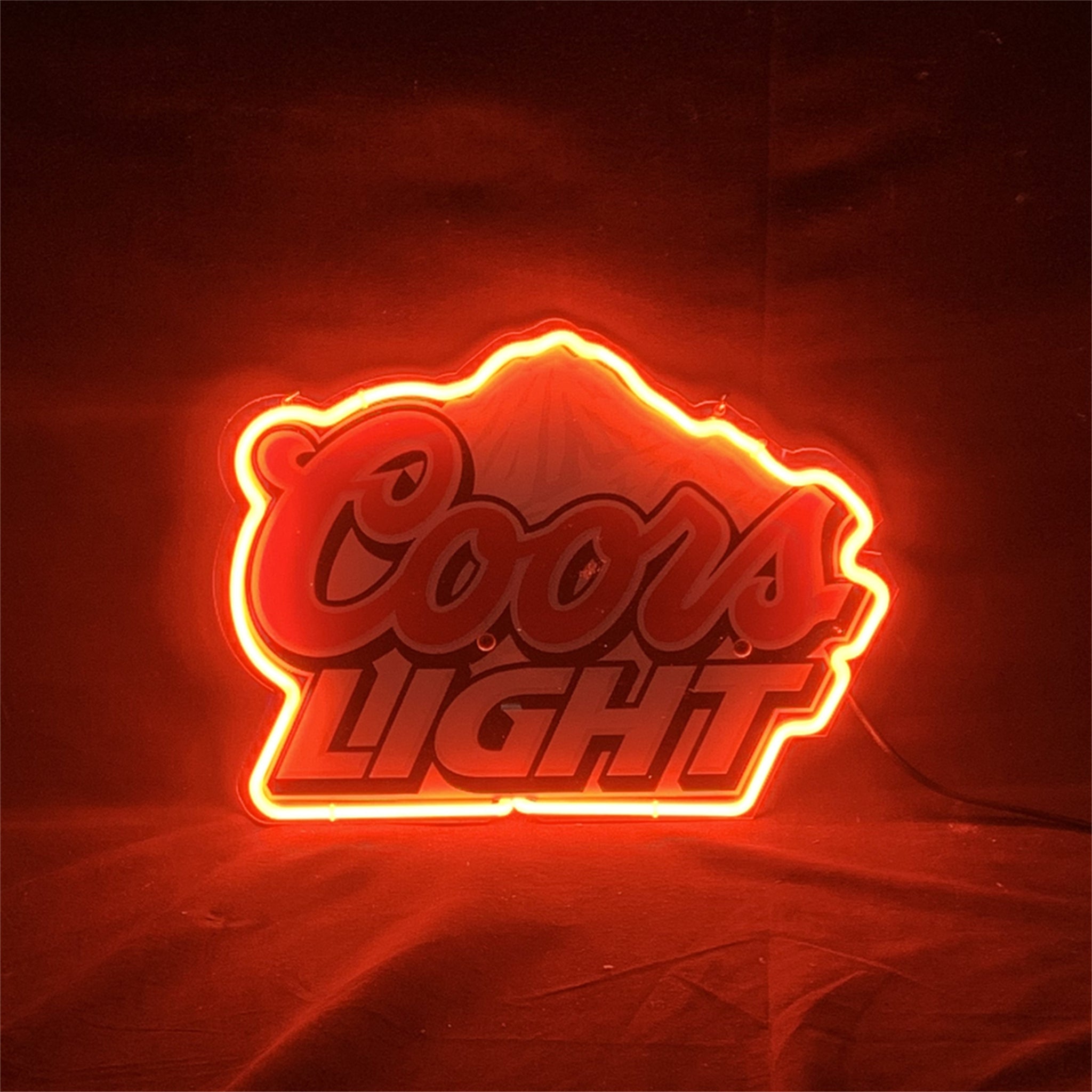 Coors Light neon sign outline, red and yellow glow with UV-printed lettering