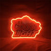 Coors Light neon sign outline, red and yellow glow with UV-printed lettering