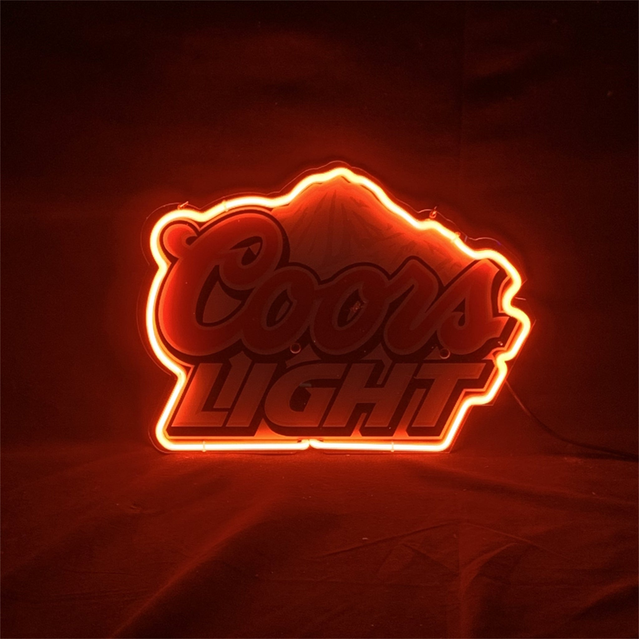Coors Light neon sign with glowing outline and UV-printed text, red-yellow light