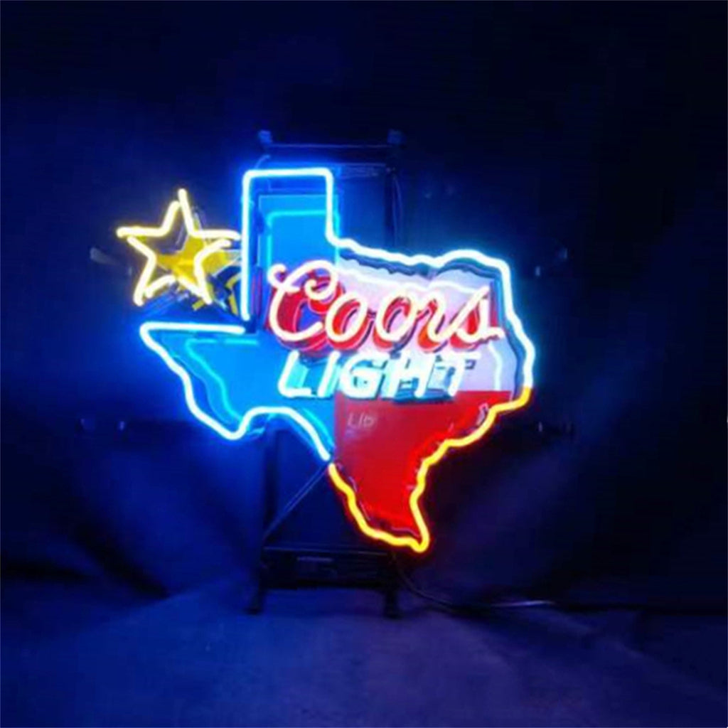 Texas outline neon sign with Coors Light text, star and red/blue/yellow glow