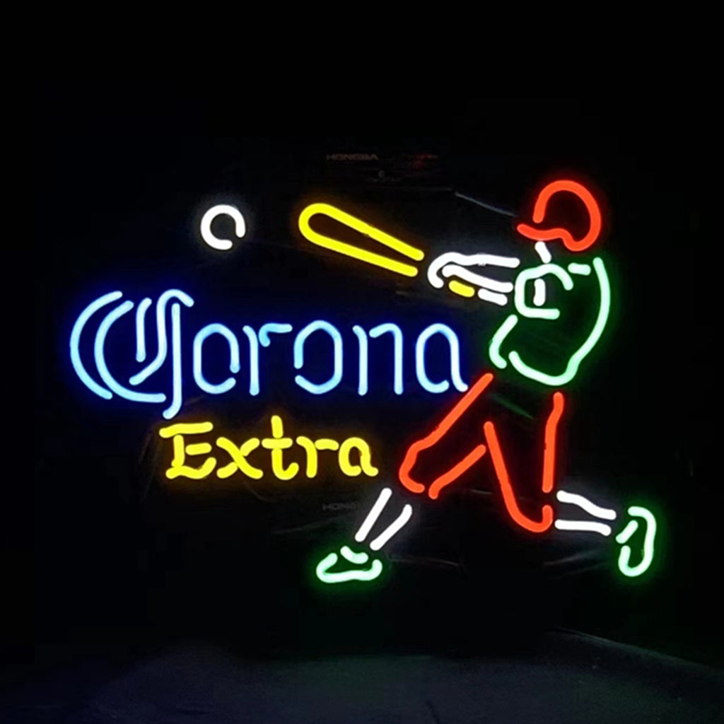 Neon sign light showing Corona Extra lettering and baseball player silhouette, glowing LEDs