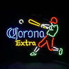 Neon sign light showing Corona Extra lettering and baseball player silhouette, glowing LEDs
