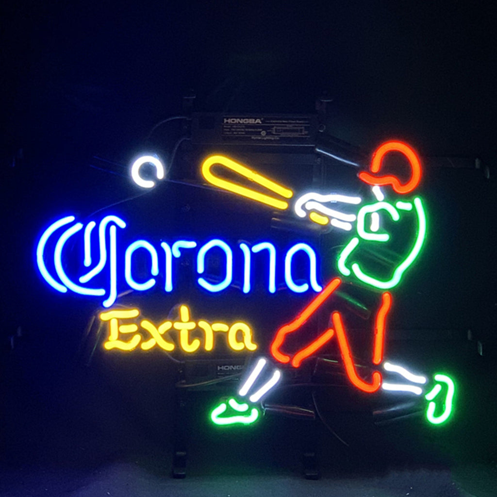 Neon sign light with Corona Extra text and baseball player figure, multicolor LED glow