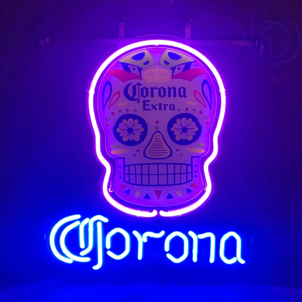 Neon skull beer sign reading Corona Extra, glowing purple and blue