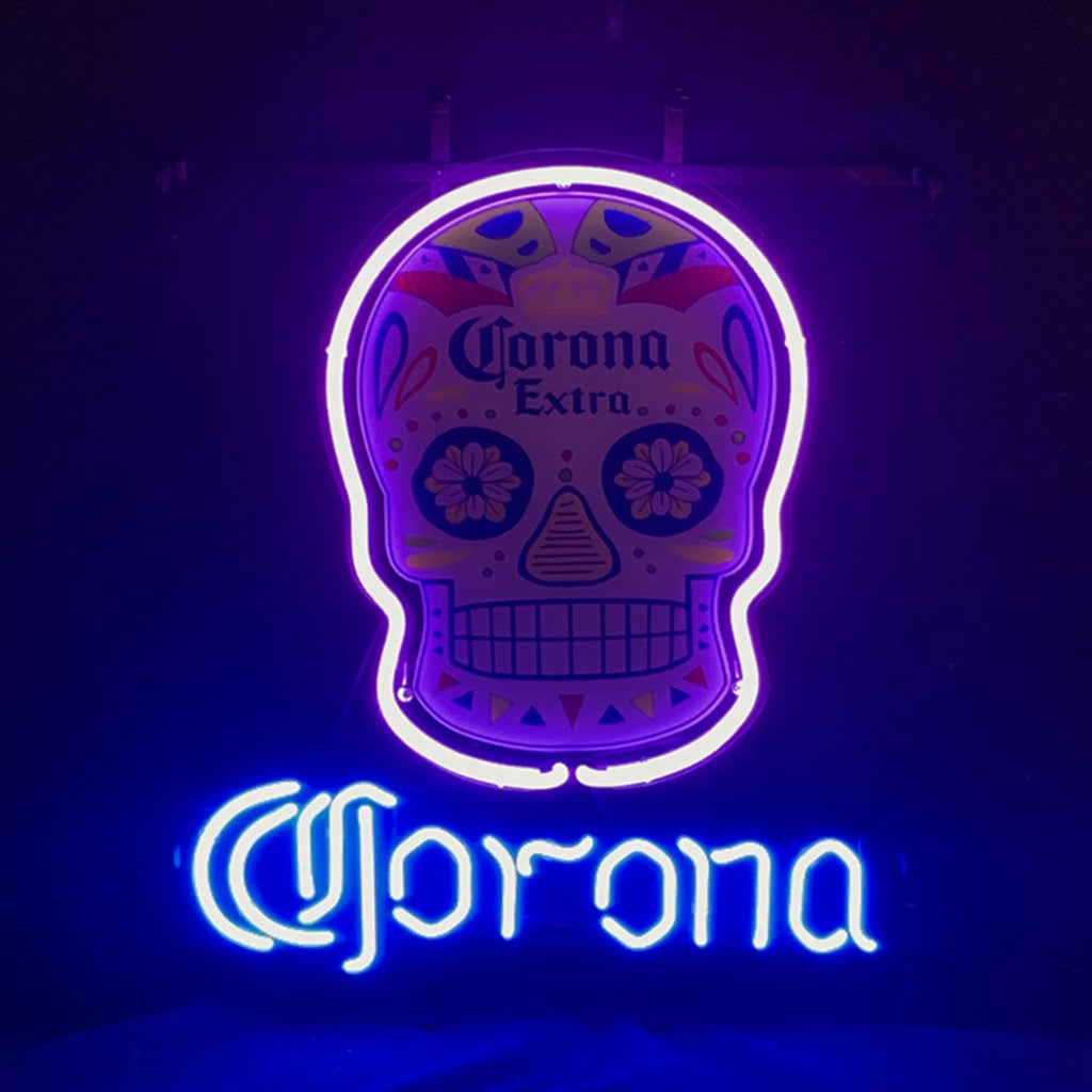 Neon skull light sign with Corona Extra, bright purple outline glow